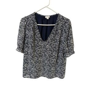 J. Crew Size Medium Navy Floral Print V Neck Puff Sleeve Ruffle Blouse Top